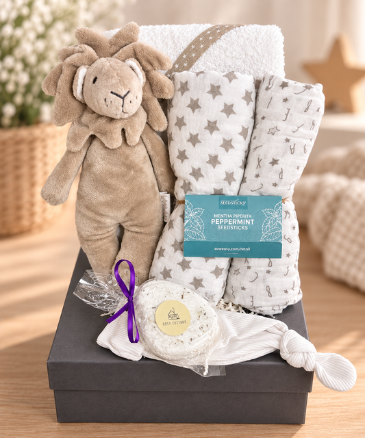 New Baby Gifts, Lion Baby Rattle, Baby Muslin Squares, Baby Shower Gifts.
