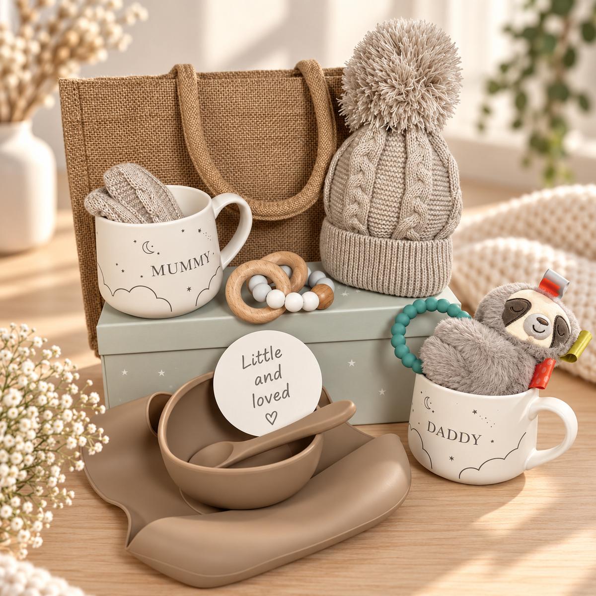 A curated baby gift hamper featuring a beige jute tote bag, a cream ceramic mugs with 'MUMMY' and daddy text and a knit swaddle, a cream ceramic mug with 'DADDY' and a plush sloth baby rattle, a matching beige silicone feeding baby bib and baby bowl and spoon, a taupe cable-knit pom-pom beanie, 