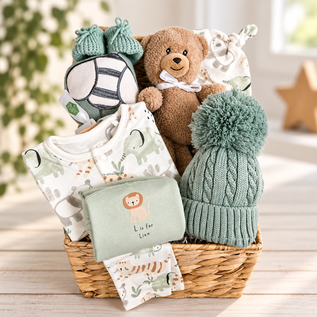 A baby gift basket filled with coordinated baby items, including a teddy bear, knit hat with pom-pom, sage green baby booties, blanket, and safari print baby clothes, arranged in a water hyacinth lidded hamper on a light wood floor.