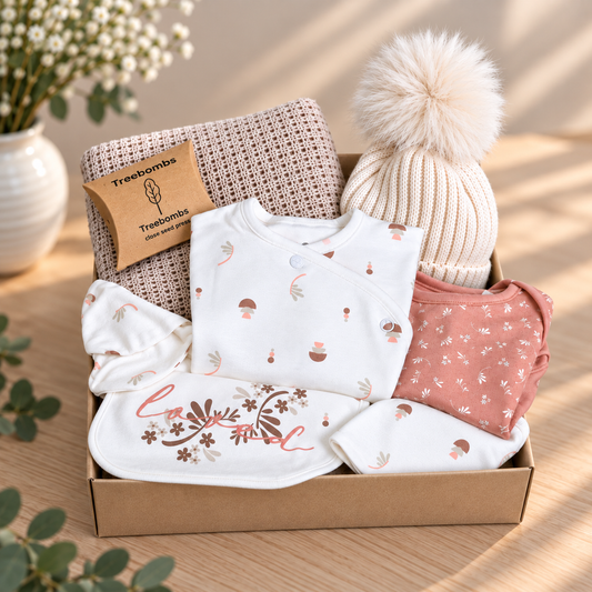 A baby gift set in a kraft box on a wooden surface, featuring a white short-sleeved bodysuit with mushroom prints, a  long-sleeve romper, a white bib with floral  print, a taupe knit baby hat with a pom-pom, a cellular baby blanket, and  Treebombs.