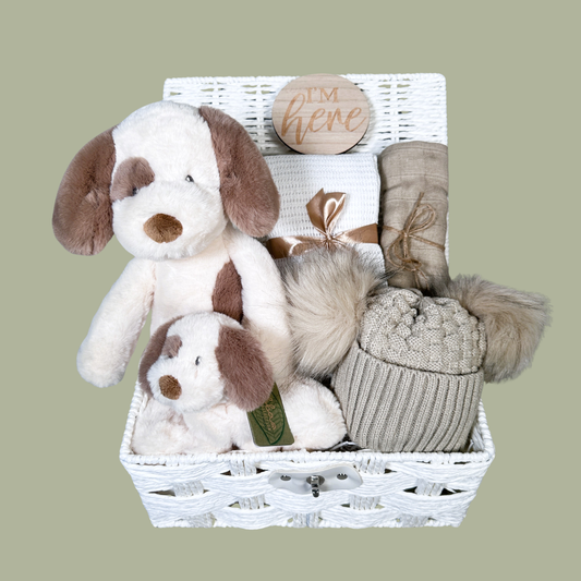 New Baby Hamper - Neutral, New Baby Gift , Ebba Puppy Baby Rattle