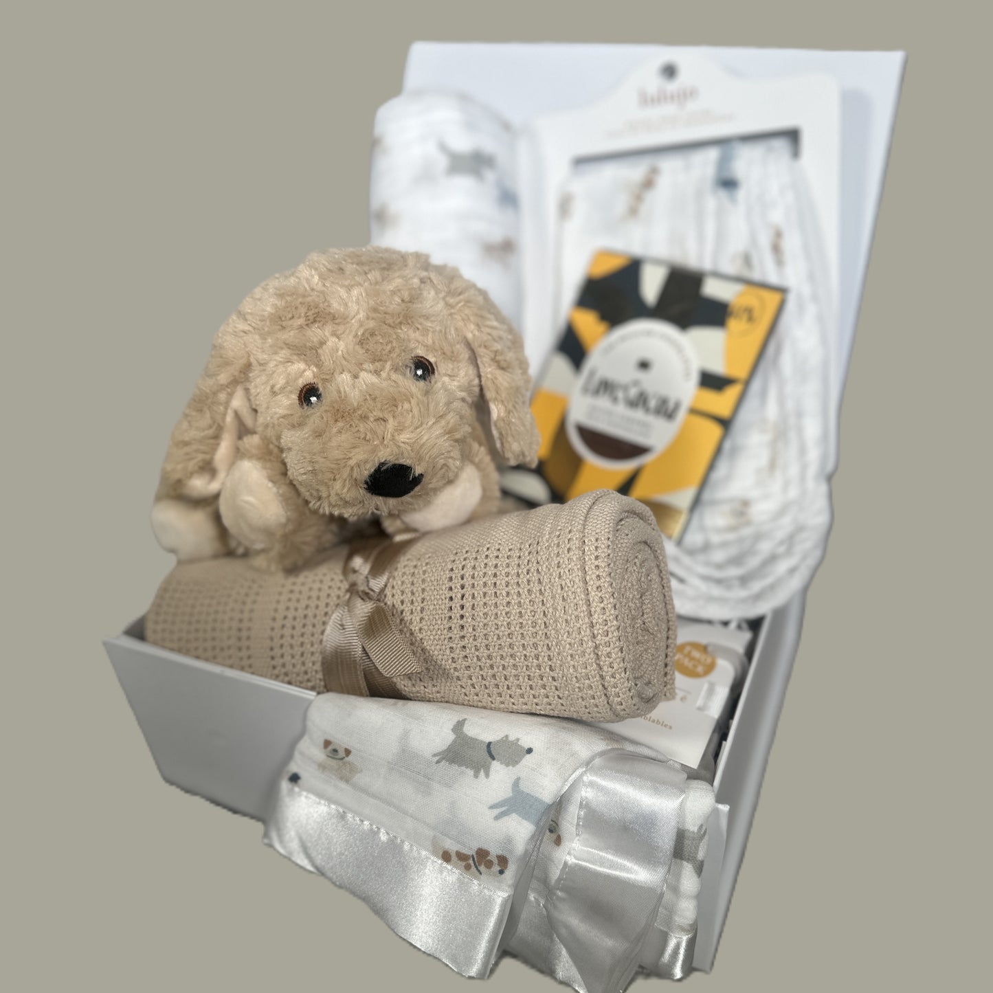 Unisex baby Hamper with plush dog toy, baby blanket, burp cloths and security blankets
