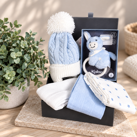 Blue baby hamper gift with baby pompom hat ,blue and white muslins a donkey baby rattle