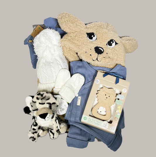 A new baby hamper with a puppy baby dressing gown, Tikiri lion baby teether, blue organic baby layette set, white baby pompom hat and matching mittens and a Pippins snow leopard soft baby toy.