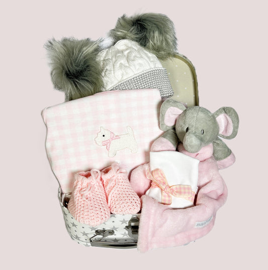 New baby girl gift in a grey and white star case containing a grey and white pompom hat, a pair of pink baby booties, a white baby bib, a grey and pink elephant baby comforter and a baby sleepsuit in a prink and white check print with a Scottie dog embroidered motif to the front.