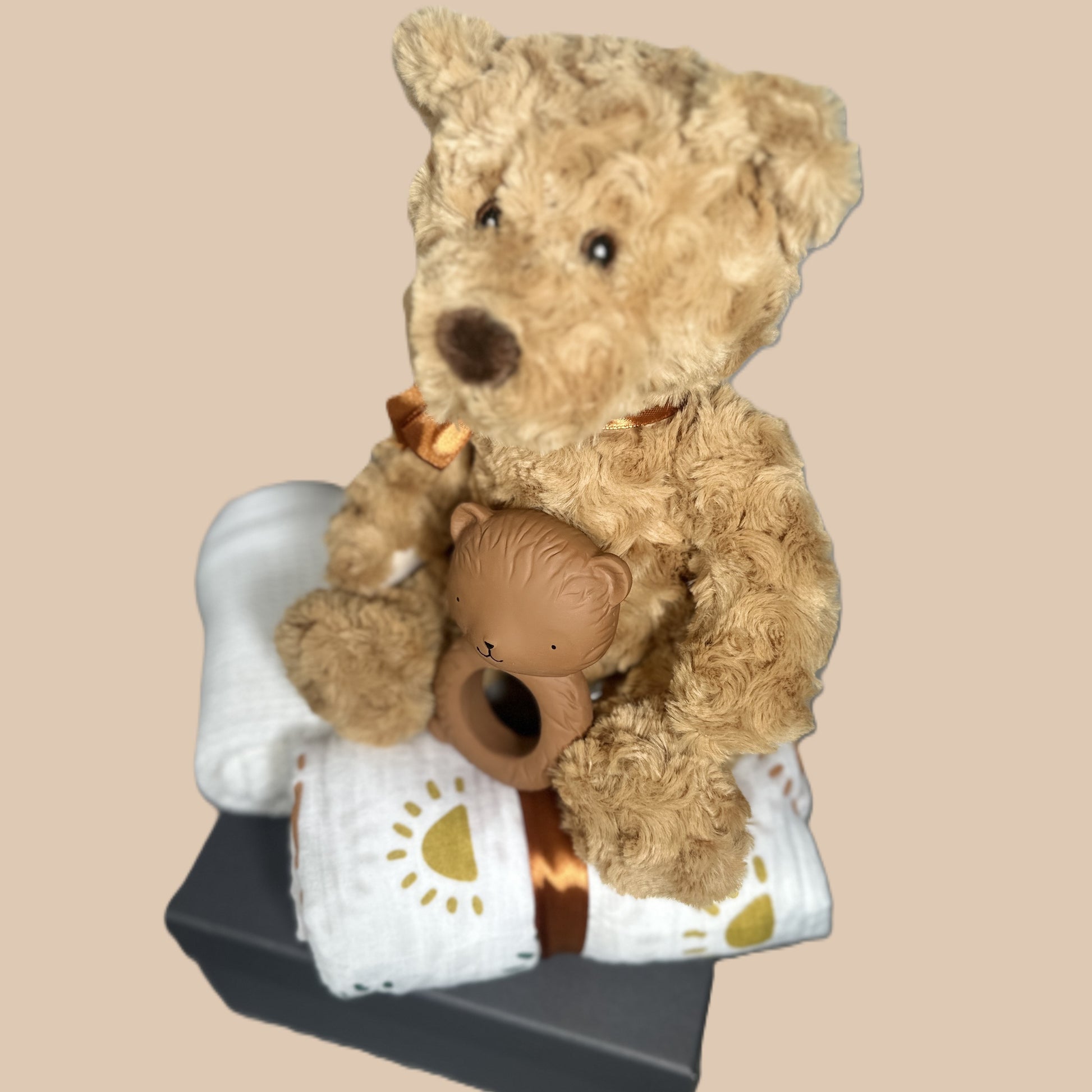 new baby gifts - Teddy bear holding a smaller teddy bear on a beige background