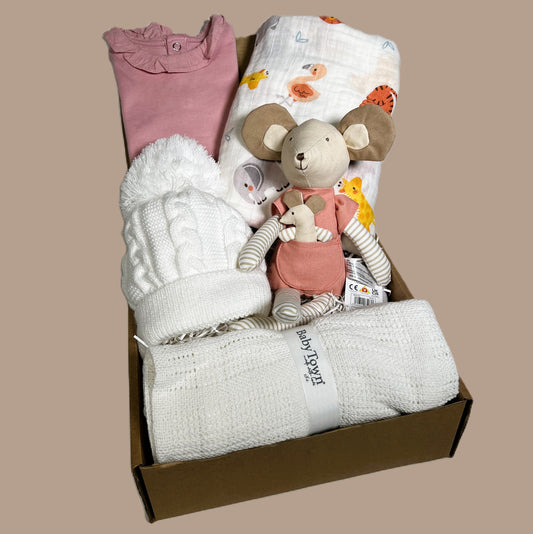 A lovely new baby girl gift containing a white cellular baby balnket, a white baby pompom hat, a large baby swaddle blanket, a Wilberry Families mouse soft baby toy , a pink baby bodysuit and three Treebombs.