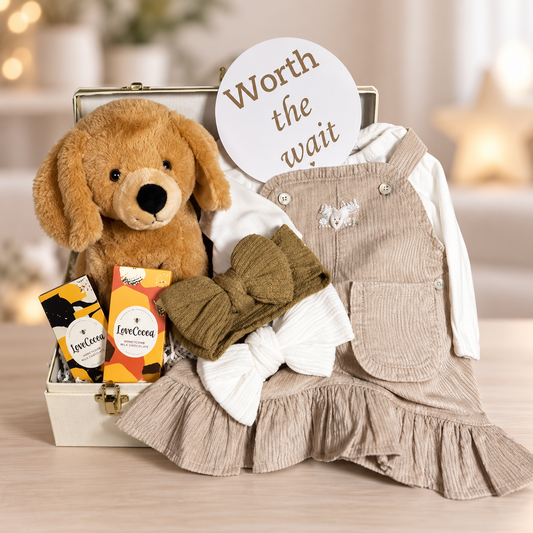 Baby Girl hamper in a cream case containing a neutral taupe pinafore dress and white frilled bodysuit, baby headbands, a soft labrador puppy soft toy and chocolate for mummy.