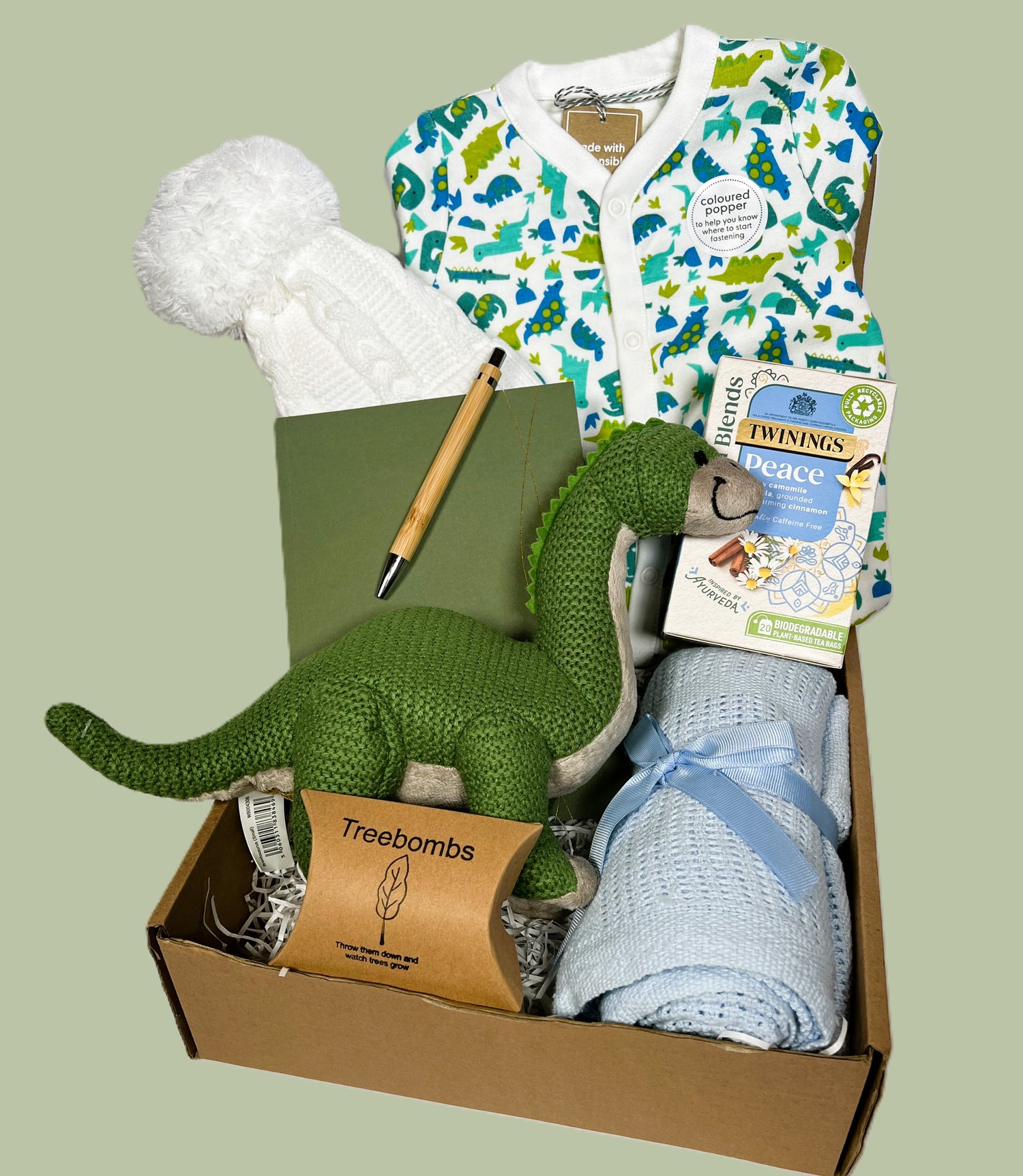 Baby shower gifts containing a knitted green dinosaur baby toy, a dinosaur print baby sleep suit, a blue cotton cellular baby blanket, a green note boo and bamboo pen, a white baby pompom hat, a packet of Twinings teabags and three Treebombs.