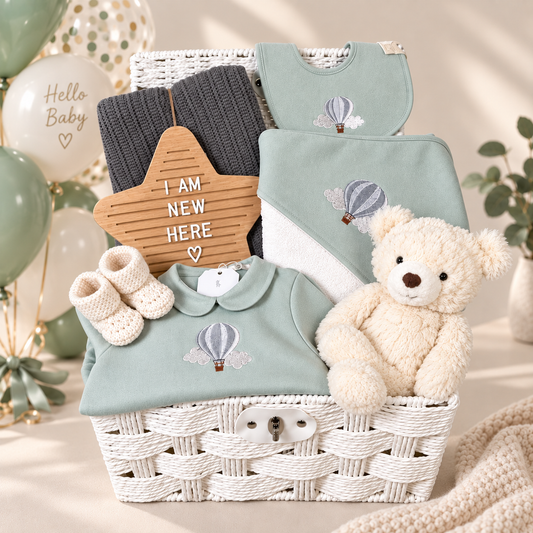 A neutral luxury baby gift hamper with Baby GI clothing, a baby blanket, teddy and baby booties in a paper rope woven hamper