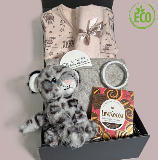 New Baby girl gift box containing a pink organic cotton zipped baby sleepsuit with circus print, a grey hooded baby towel, a Keeleco snow leopard soft baby toy, a silicone teething bracelet and a bar of Love Cocoa chocolate