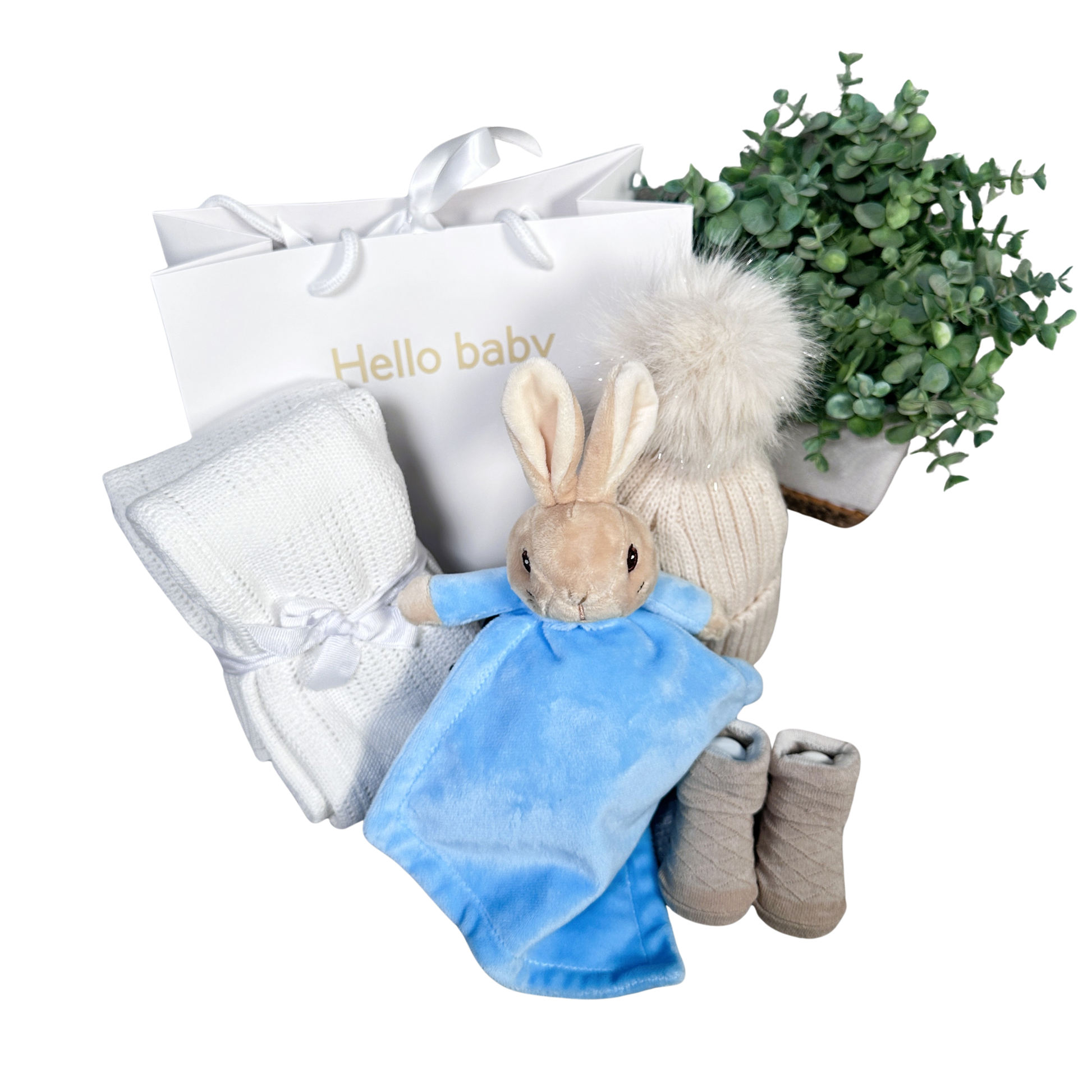 Peter Rabbit baby hamper gist with comforter, baby blanket, baby sock, pompom baby hat and "Hello baby " gift bag