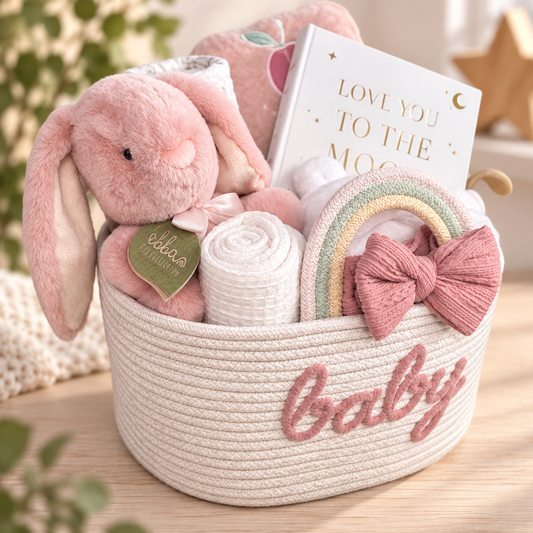 A baby gift basket set in a cream rope basket with pink embroidered 'baby' text, filled with a pink plush bunny, a rolled white blanket, a pastel rainbow toy, a pink baby hairband, a baby robe and hooded baby towel and a book photo album that reads 'LOVE YOU TO THE MOON'.