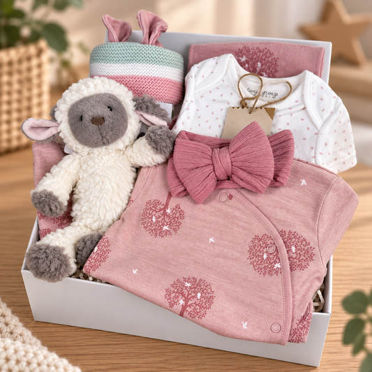 A curated baby gift hamper arranged in a white box on a wooden surface, including a pink white and sage green cotton baby blanket, a matching pink baby headband, a white baby bodysuit with pink dots, a pink tree print baby sleepsuit and bib, a plush, and a Mary Meyer putty nursery lamb or cow.