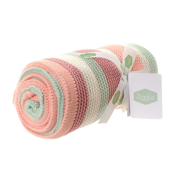 Pink , white and green striped baby blanket.