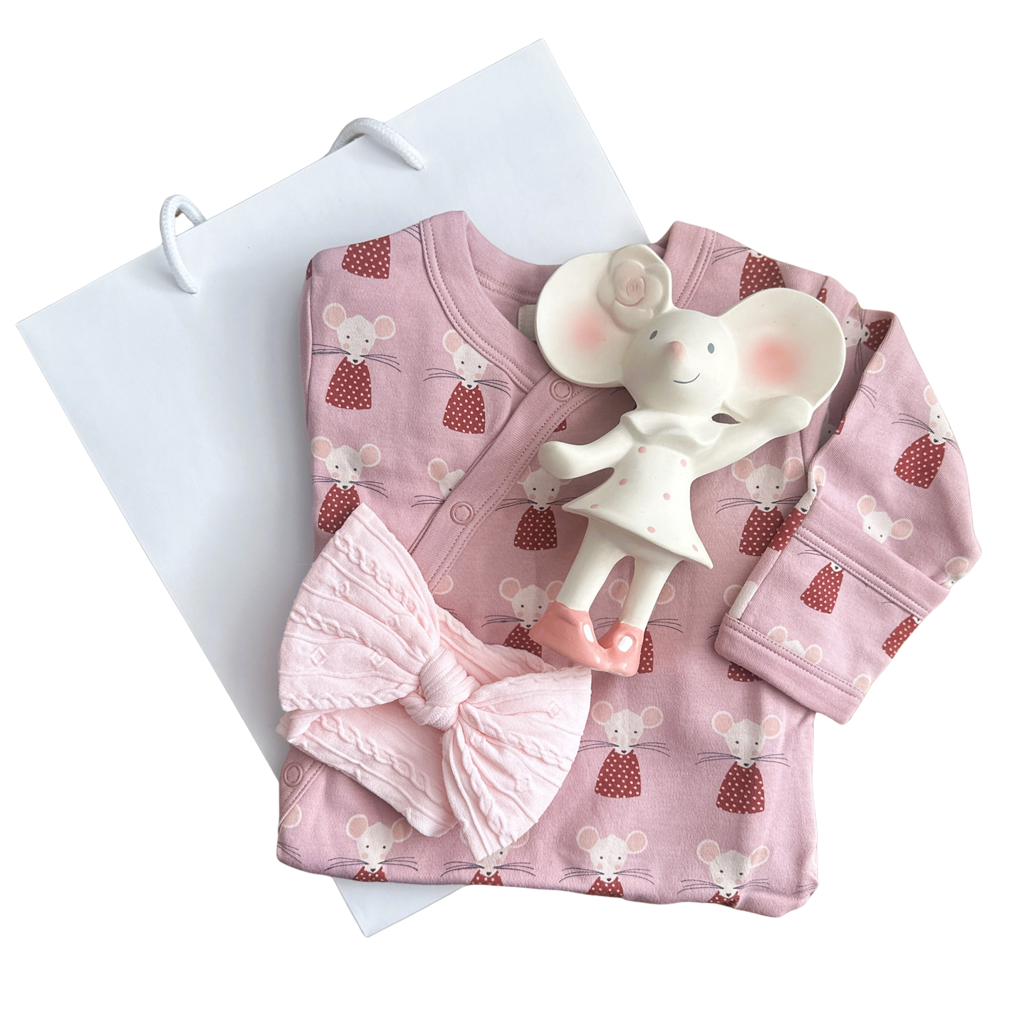 Baby girl hamper gift with pink mouse print organic cotton baby romper and organic rubber baby teether