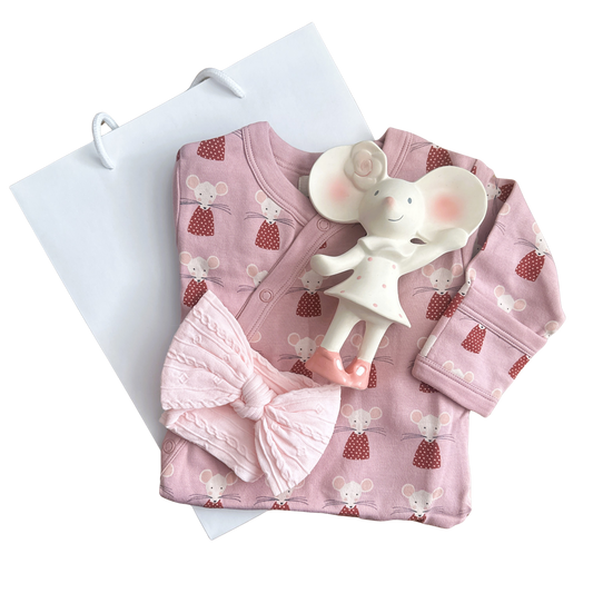 Baby girl hamper gift with pink mouse print organic cotton baby romper and organic rubber baby teether
