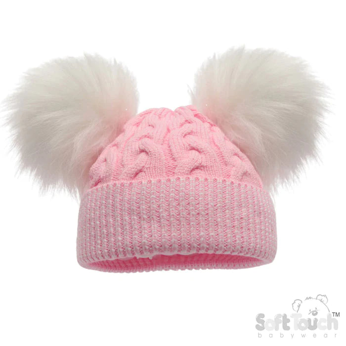 Pink baby pompom hat with white pompoms.