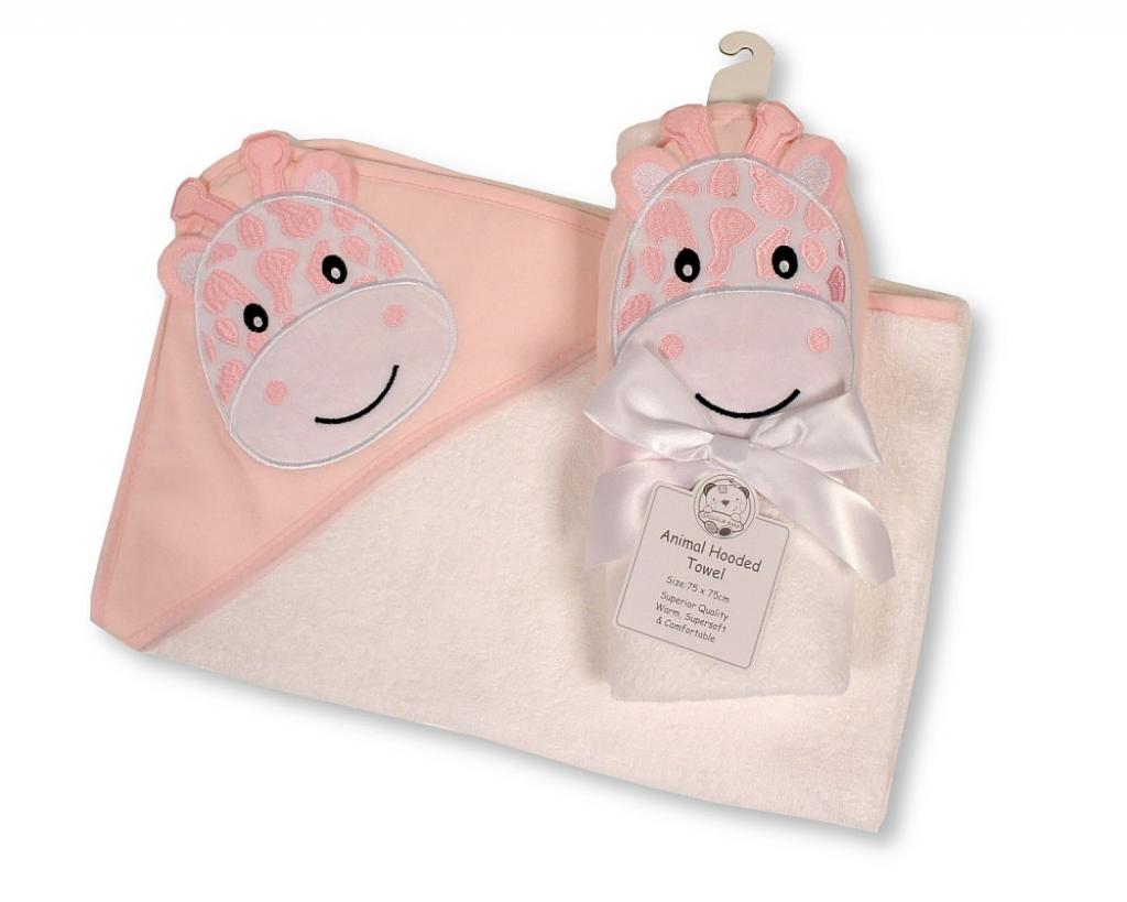 Pink and white hooded baby towel with giraffe face on the hood.