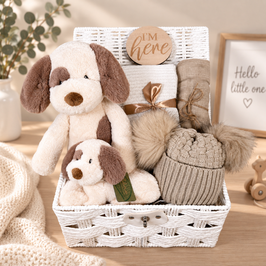 A white woven gift basket filled with baby-themed items, including a cream and brown plush puppy toy, a knitted beige hat with a faux-fur pom-pom, a folded cream blanket, a wrapped cellular baby blanket tied with brown ribbon, and a round wooden sign that reads 'I'M here'. The basket sits on a light wood surface with soft home decor props around it.