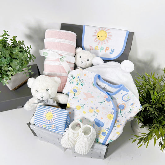 New Baby Girl Rainbow Hamper, Cotton Baby Sleepsuit, New Mum Presents, New Parents Gifts, Corporate Maternity Leave Gifts