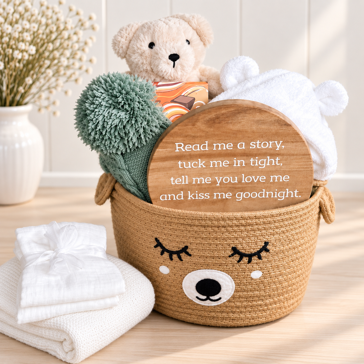New baby gift basket, neutral colour palette, bear baby comforter , nursery sign baby dressing gown and a bar o Gnaw chocolate.