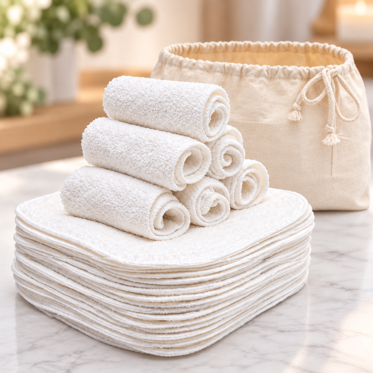 A stack of white bamboo reusable baby wipes with six rolled cloths stacked on top, placed in front of a beige drawstring fabric storage bag on a light marble surface.