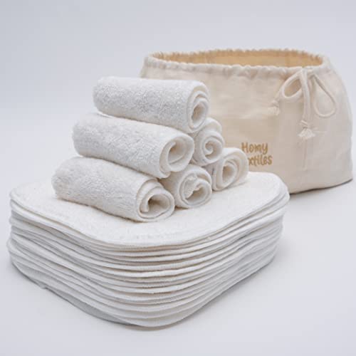 reusable baby wipes in a drawstring bag
