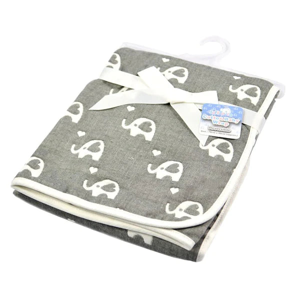 Reversible cotton baby wrap in grey with a white elephant print.