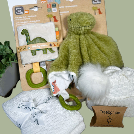 Dinosaur themed baby hamper with green dinosaur baby comforter and sensory baby book