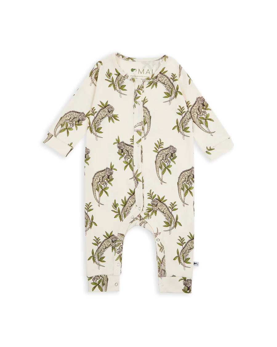 Baby romper in GOTS organic cotton with a green and black print of the lesser Antillean Iguana in green and black