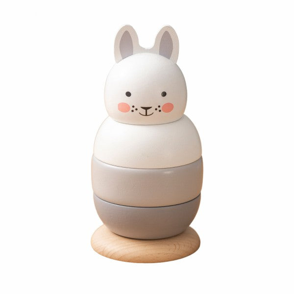 Rosa and Boo wooden stacking bunny toy in white and grey.