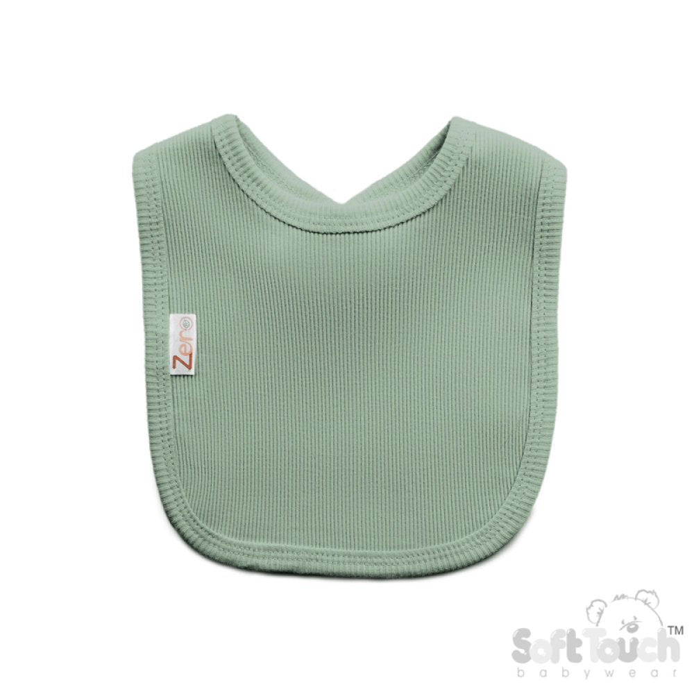 Green baby bib with a brand label on a white background
