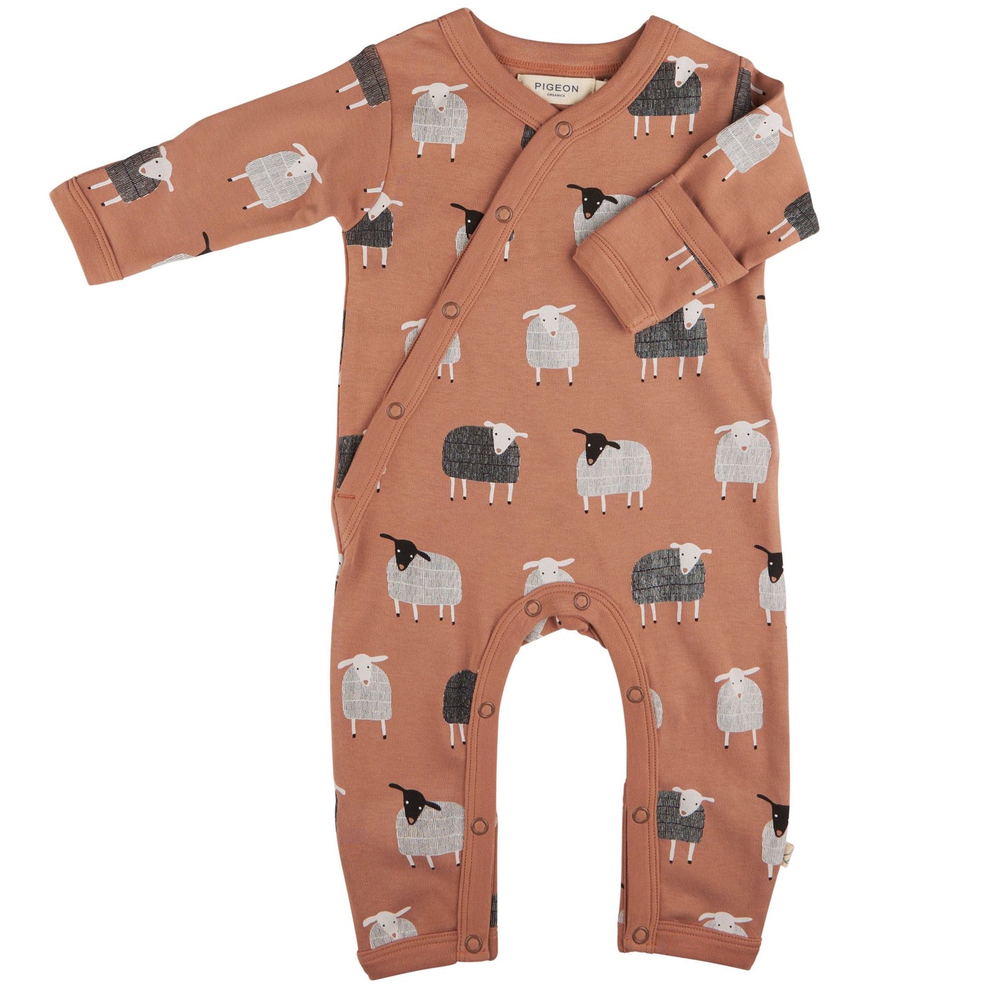 mocha white, light grey and dark grey baby romper with a sheep print. Fold over cuffs and feet.