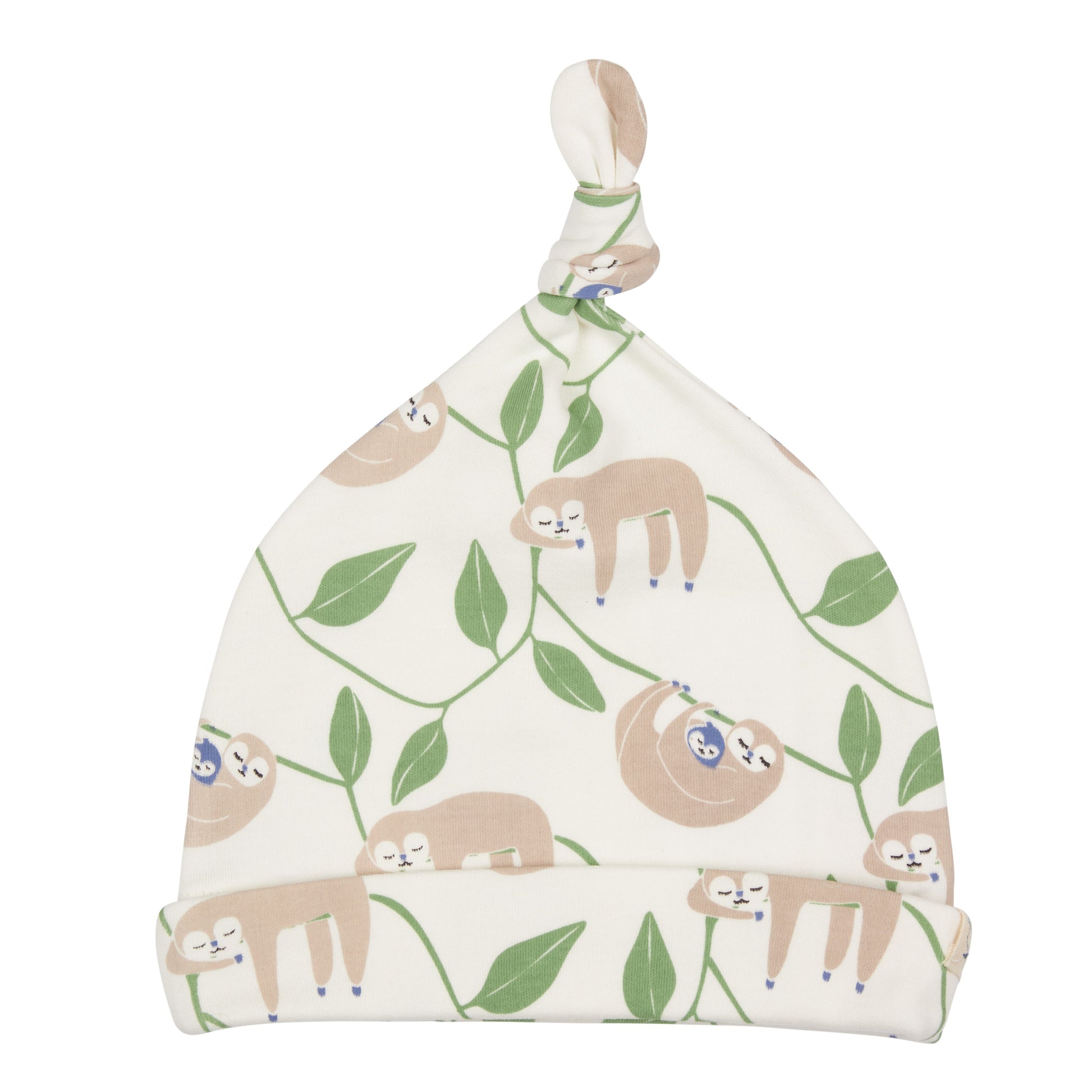 Sloth print organic cotton baby knot hat.