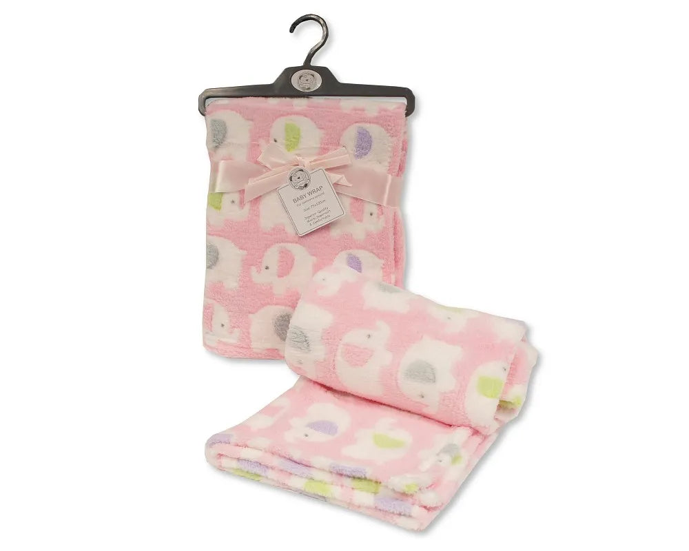Pink elephant fleece baby blanket with elephant print.