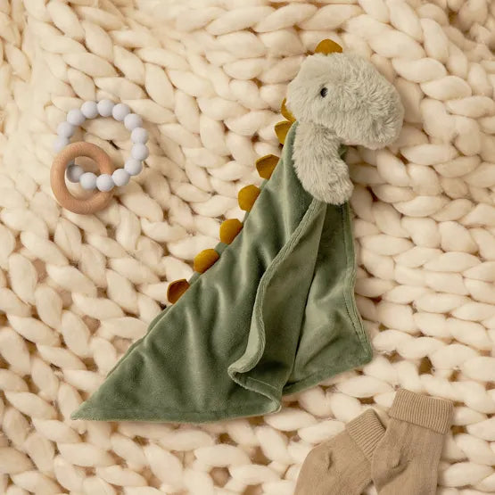 Softies Green Dinosaur New Baby Gift , Baby Comforter, Pompom Baby Hat