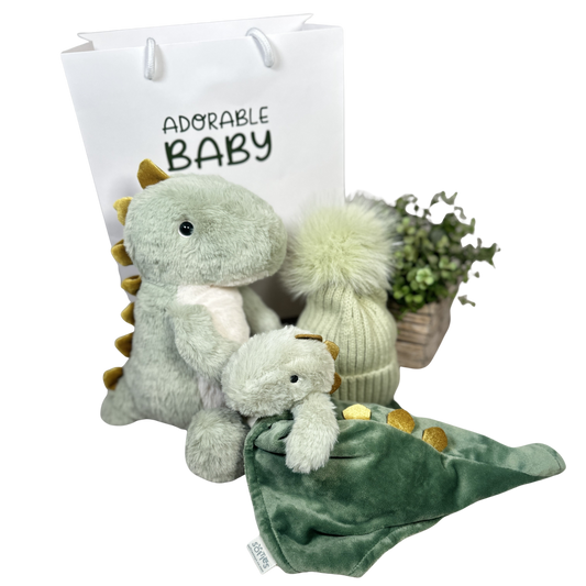 Baby gift set with plush dinosaur, hat, and blanket in front of a 'Adorable Baby' bag.