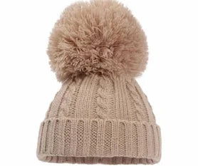 Soft Touch taupe baby pompom hat 0-12 months.