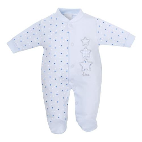 Blue cotton baby sleepsuit with 3 blue embroidered stars.