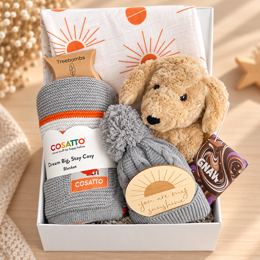 New Baby Gifts, Cossatto Baby Blanket, Toy Cockapoo, Grey Pom Pom Baby Hat, ‘You are my sunshine’ Plaque, Love Cocoa Chocolate, Baby Shower Gifts