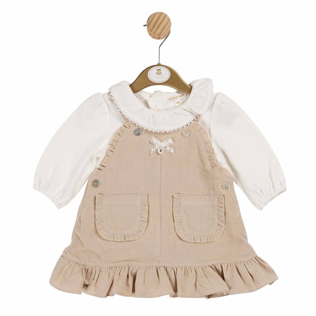 Baby girl taupe pinafore dress with white frilled body suit.