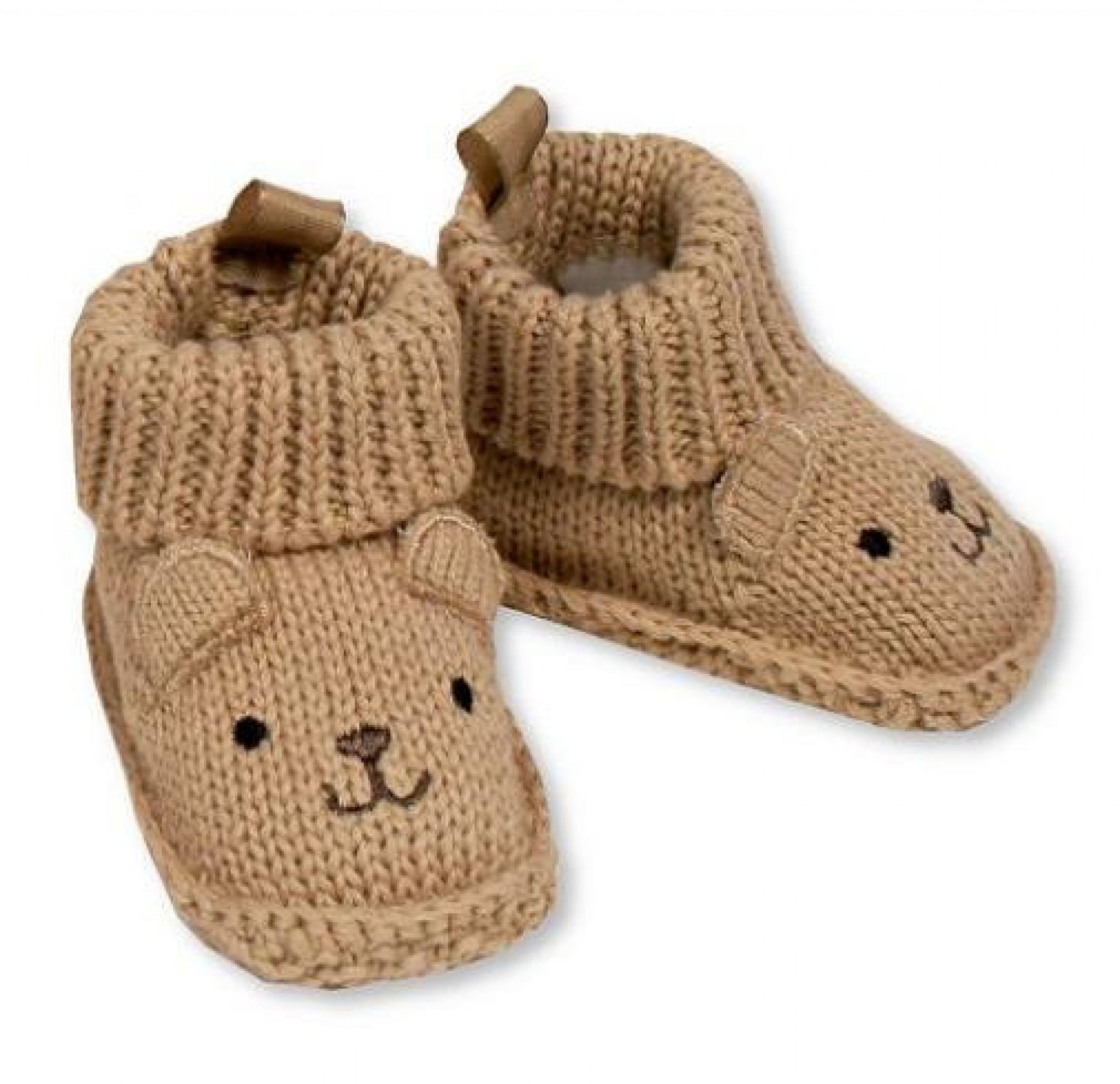 Pair of brown knitted baby booties with bear faces on a white background