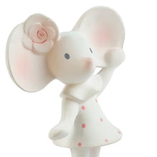 White mouse natural rubber baby teether with pink flower on head against a white background