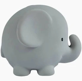 Grey elephant-shaped natural rubber teething toy on a white background