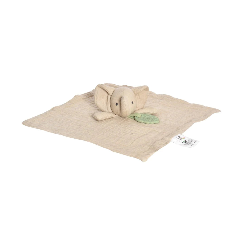 Tikiri muslin an natural rubber baby teether and baby comforter.