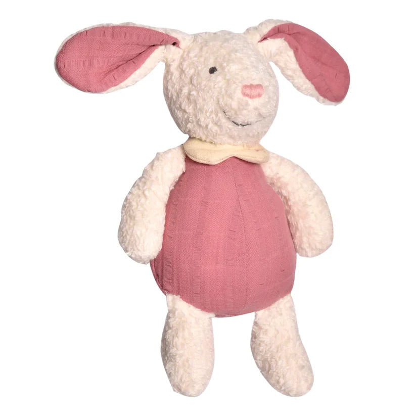 Organic cotton bunny baby toy in cream with pink inside her ears and matching pink body with cream collar