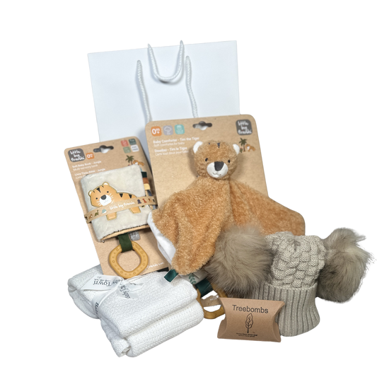 Tiger themed new baby hamper with tiger comforter and soft sensory baby book