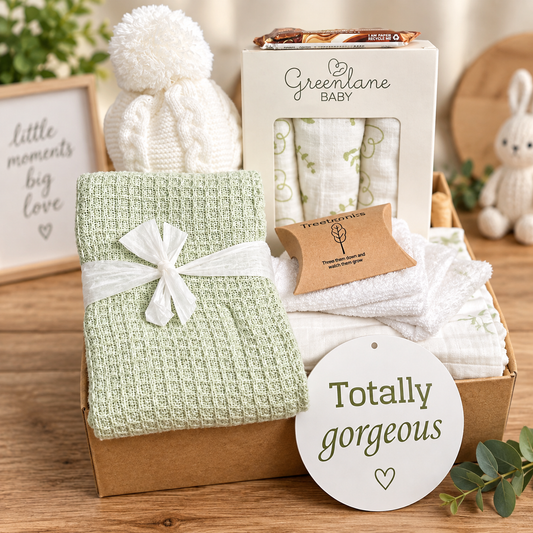 eco friendly new baby gift with sage green waffle baby blanket, 3 bamboo baby washcloths, 3 large organic cotton baby muslins with green print, a white baby pompom hat, Treebombs