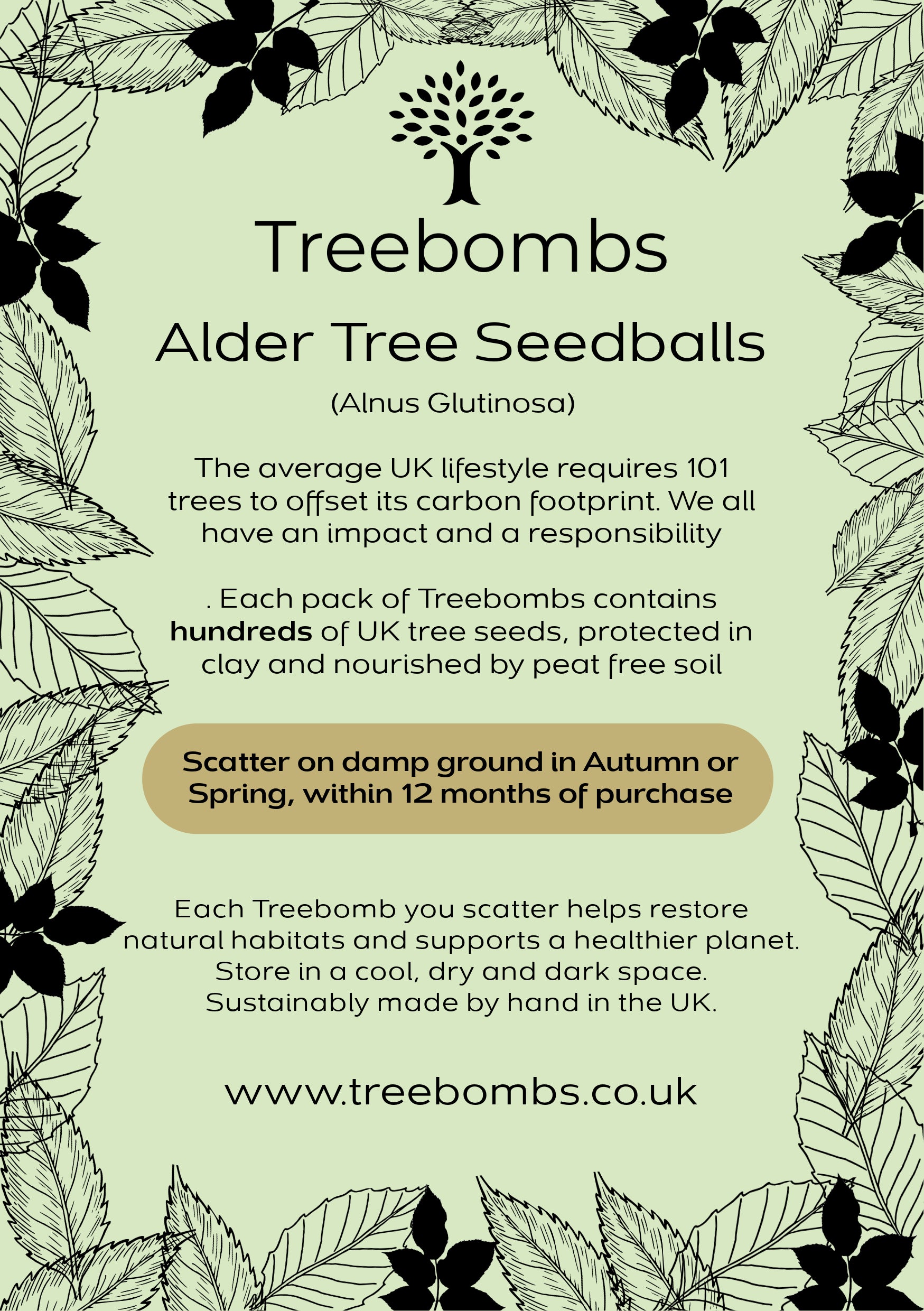 Tree bombs packaging with text and leaf designs on a light green background
